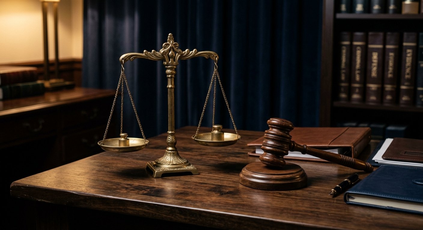 Scales of justice and gavel representing criminal defense rights