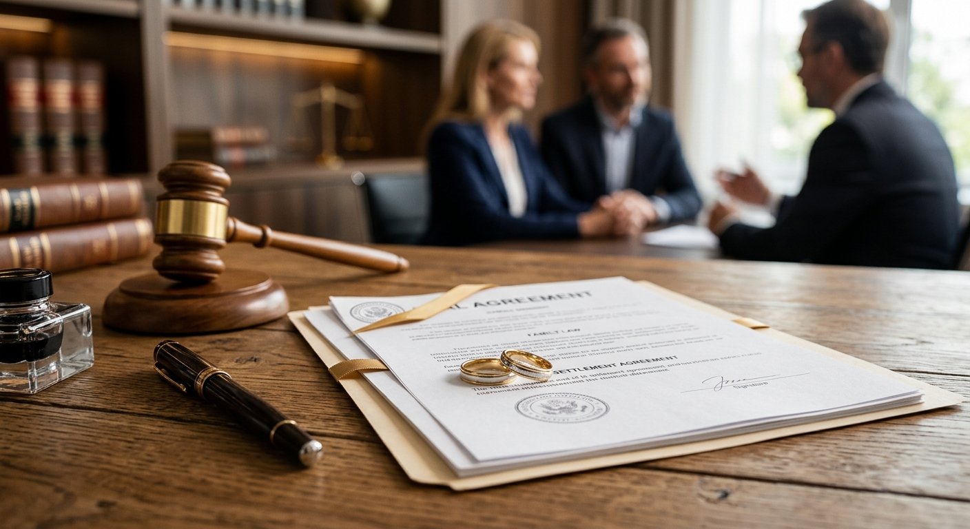 Family law settlement agreement with wedding rings and gavel