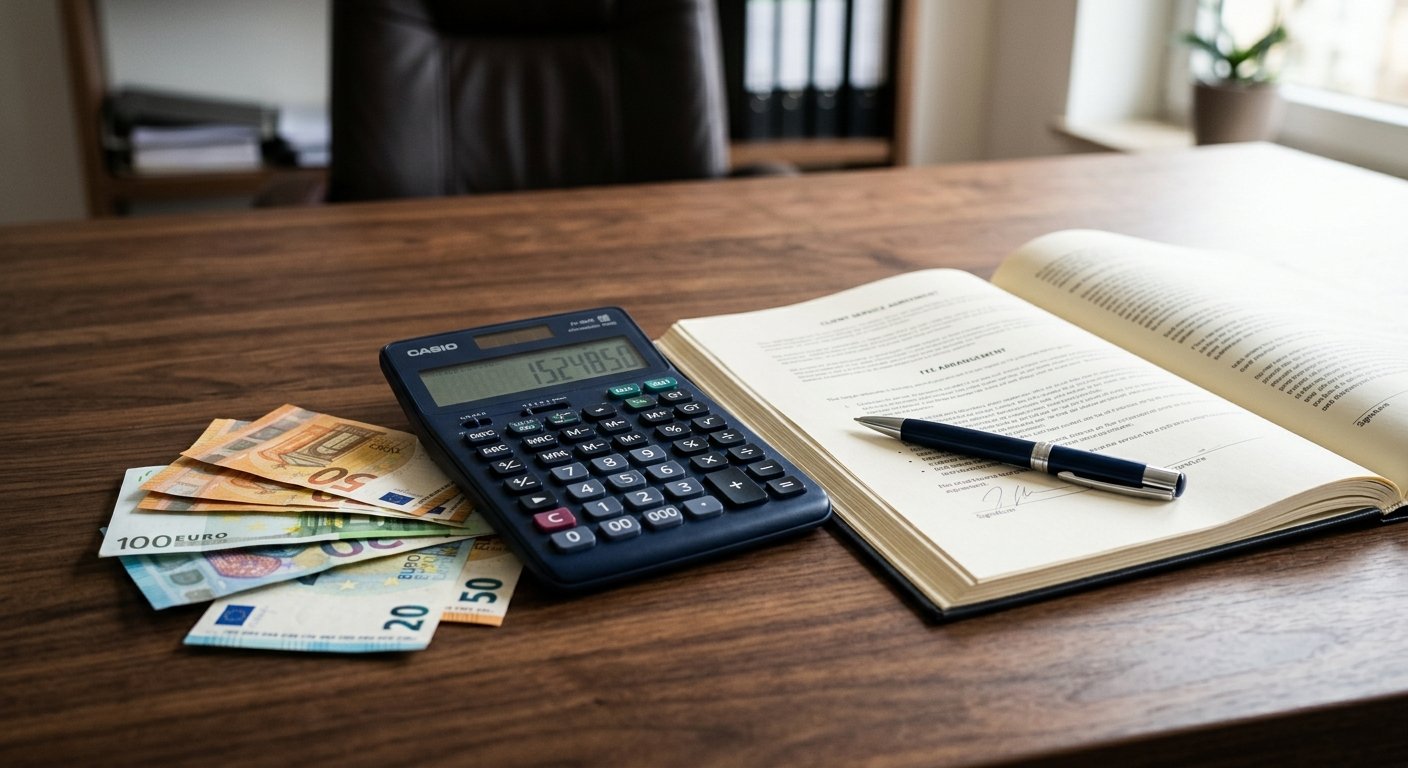 Lawyer fees and cost calculator on a desk