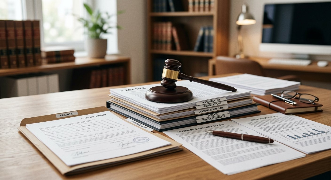Personal injury claim documents, accident report, and gavel on a desk